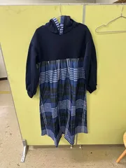 チェック柄 切り替え ワンピース レディース パーカー風 長袖 フード付き ゆったり 体型カバー カジュアル 秋 冬 ネイビー ko1