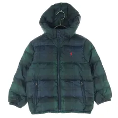 美品 RALPH LAUREN ラルフローレン チェック柄 フード取外し可 ダウンジャケット 6 グリーン キッズ 古着