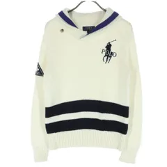 RALPH LAUREN ラルフローレン ボーダー ビッグロゴ刺繍 長袖 ショールカラー セーター M(10-12) ホワイト キッズ 古着