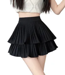 [WesRiva] プリーツ スカート ウエストゴム ハイウエスト 体型カバー フレア ティアード ショート ボトムス レディース ミニ シンプル 無地 カジュアル 韓国風 韓流 (JP, アルファベット, M, 標準, ブラッ [ブラック] [M] [標準]