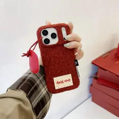レッド・純色ウール調 シンプルスマホケースタグ付きiPhone17/16 Pro Max / iPhone15・14・13 対応 bu1
