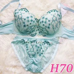 ブラショーツセット H70 花柄刺繍 フラワー柄 ビジュー グリーン  大きいサイズ グラマーサイズ 可愛い 上品 フルバック