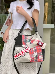 Y2K レトロ 赤格子 リボンデザイン キャンバスバッグ ショルダー & 手提げ 2WAY 大容量 学生授業用 日韓風