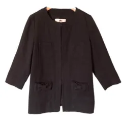 S【 超美品 | kaon / カオン 】 リボンポケット ノーカラー  ブラック ジャケット コットン１００％ 6分袖 薄手 春秋  T743_2306E0353のサムネイル