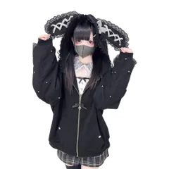 地雷系 パーカー レディース 病みかわいい コート 長袖 レース フード付き ウサ耳 蝶結び ファスナー ジャケット 学院風 可愛い 