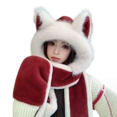 모코모코 모자 여성 여우 귀 머플러 장갑 일체형 두꺼운 따뜻한 모자 바이 컬러 귀 보호 여자 귀여운 양면 기모