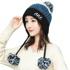 [ソユル] 耳あて付き ニット 帽 パイロット キャップ 裏起毛 ポンポン付き 防寒 防風 自転車 アウトドア カジュアル レディース (ブラックXネイビー) [ブラックXネイビー]