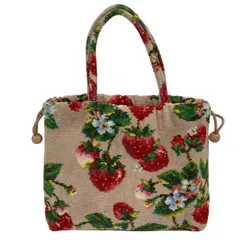FEILER(フェイラー) トートバッグ - ピンクベージュ×グリーン×レッド 花柄/イチゴ/巾着型/ミニバッグ