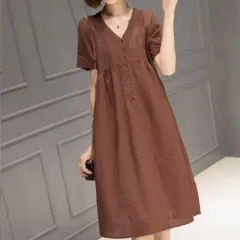 쎄샵 DN980 LYNN リネン 半袖 ONE PIECE チョコブラウン FREE5566-1個