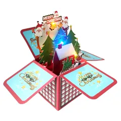 CAWKAY 3Dクリスマスカード 光と音楽付き ボックス型 グリーティングカード 立体ポップアップカード 折りたたみ ギフト プレゼント 