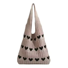 [ideamall] ニットバッグ ハート かわいい 編みトートバッグ 韓国風 かぎ針 (ベージュ) [ベージュ]