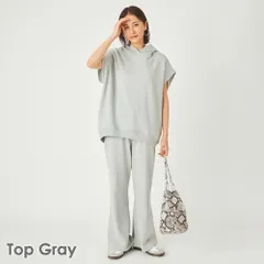 [トップグレー]レディースファッション スウェット 上下セット 半袖 パンツ 長ズボン フード付き パーカー 楽ちん フリーサイズ
