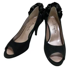 【美品】銀座かねまつ (22.5) パンプス オープントゥ リボン ヒール スウェード サンダル 希少デザイン