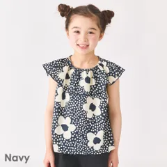 [ネイビー]子供服 花柄 チュニック ベビー キッズ マタニティ ノースリーブ 大きめ襟 綿 コットン 90 100 110 120 130 140 evercloset ever closet エバクロ エバークローゼット