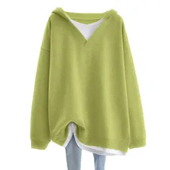 [Lopis] パーカー レディース スウェット 長袖 切り替え 重ね着風 ゆったり シンプル 薄手 大きいサイズ 体型カバー かわいい 着痩せ (JP, アルファベット, M, グリーン) [グリーン] [M]