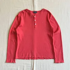 希少　～00s　archive　アーカイブ　Old Ralph Lauren　ラルフローレン　ヘンリーネック　リブ生地　ロングスリーブTシャツ　カットソー　ポニーロゴ刺繍　フリル袖　コーラルピンク系カラー　Y2K　henry neck frill×rib-T