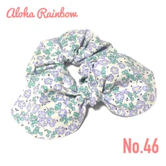 ☘️No.46☘️ リボン シュシュ 花柄 パープル＆グリーン ハンドメイド ヘアアクセサリー
