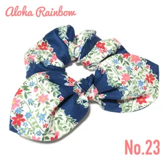☘️No.23☘️ リボン シュシュ 花柄 ボーダー ネイビー ハンドメイド ヘアゴム