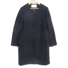 ナチュラルビューティーベーシック NATURAL BEAUTY BASIC ノーカラーコート ツイードコート ロング丈 ウール シングルボタン L 紺 ネイビー /FF1