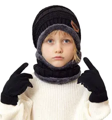 [Electric Circus] 子供 キッズ ニット帽子 ネックウォーマー 手袋 付き 防寒 小学生 女の子 男の子 スキー 通学 プレゼント (ブラック) かっこいい おしゃれ かわいい 人気 出産 こども 子ども 防止 帽子 ニット帽 キ [ブラック]
