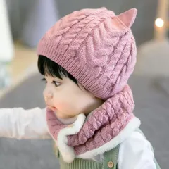 在庫処分sale中 ベビー　キッズ　帽子　マフラー　2点セット　猫耳　可愛い　冬　防寒　もこもこ