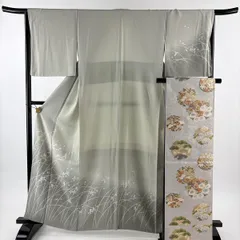 訪問着 身丈162cm 裄丈64.5cm M 袷 袋帯セット 草花 金糸 ぼかし 灰緑 正絹 秀品 【中古】