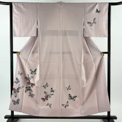 付下げ 身丈155cm 裄丈64cm M 袷 英 蝶 ピンク 化繊 優品 【中古】