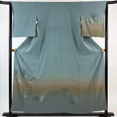 付下げ 身丈154.5cm 裄丈64cm M 袷 七宝 花鳥 刺繍 ぼかし 灰緑 正絹 秀品 【中古】