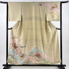【美品】 訪問着 身丈153.5cm 裄丈65cm M 袷 草花 雪輪 金彩 ぼかし ベージュ 正絹 秀品 【中古】
