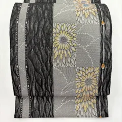 【美品】 袋帯 秀品 菊 変わり市松 銀糸 箔 銀色 六通 正絹 【中古】