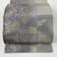 袋帯 秀品 格子 幾何学模様 金糸 箔 灰色 六通 正絹 【中古】