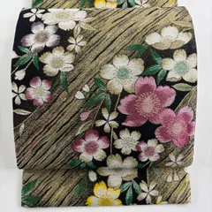 【美品】 袋帯 秀品 振袖向き 桜 幾何学模様 金糸 ラメ糸 黒 六通 正絹 【中古】