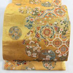 袋帯祥園謹製　六通柄袋帯　宝尽くし文様　金糸　正絹　逸品 美品】 袋帯 秀品 聚宝織 瑞祥扇面文 草花 金糸 箔 金色 六通 正絹
