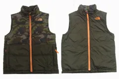 美品◇THE NORTH FACE NPJ51417 リバーシブル 中綿入り ジップベスト カモフラ柄/カーキ アウトドア キャンプ キッズ ジュニア