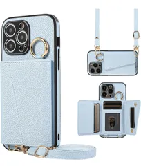 ★iPhone 11 Pro Max 用の ケース 手帳型 肩掛け アイフォン 11 Pro Max 用の ショルダー スマホケース アイフォン 11プロマックス 用の カバー PUレザー 首掛け 斜めかけ マグネット式 ICカード収納 鏡付き  ブルー