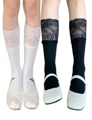 [kanaelun] レディース ニーハイソックス ２足組 カーフ フリーサイズ 膝上 ハイ ソックス ニーハイ ニーソ 靴下 ブーツ リブ編み 大人 レース 透け感 ハイカット ブーツ用 膝丈 膝下 クルー ショ [白×黒（すね丈）] [Free Size]