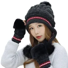 [DeerLuxe] ニット帽 手袋 2点セット ふわふわファーボール付き レディース 冬 裏起毛 暖かい 防寒 防風 (E.ブラック) [E.ブラック] [Free Size]