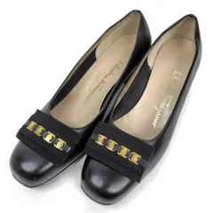 ★美品★Salvatore Ferragamo 22cm フェラガモ パンプス 5C チェーンモチーフ ラウンドトゥ 黒