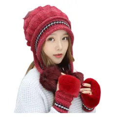 [DeerLuxe] ニット帽 手袋 2点セット ふわふわファーボール付き レディース 冬 裏起毛 暖かい 防寒 防風 (A.ワイン) [A.ワイン] [Free Size]