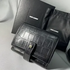 美品 Saint Laurent Paris サンローランパリ 三つ折りレザー財布 黒 YSL クロコダイル 型押し コンパクトウォレット 付属あり