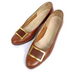 Salvatore Ferragamo 21.5cm フェラガモ パンプス スクエアモチーフ 4.5C 小さいサイズ 茶