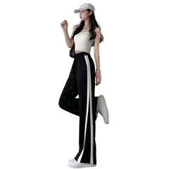 [レリカ] ジャージ スウェット 部屋着 パンツ トレーニング フィットネス ランニング ウォーキング ルームウェア レディース (JP, アルファベット, M, ブラック×ホワイト) [ブラック/ホワイト] [M]