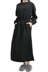 [MORE AUNI] ルームウェア ワンピース レディース 長袖 裏起毛 パジャマ 部屋着 ドロスト マキシ丈 ロング丈 暖かい カジュアル ポケット付き 伸縮性 ストレッチ 綿混 ポリエステル 着やすい 動きやすい 柔ら [ブラック / 8333] [L]