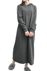 [MORE AUNI] ルームウェア ワンピース レディース 長袖 裏起毛 パジャマ 部屋着 フード付き パーカー マキシ丈 ロング丈 暖かい カジュアル ポケット付き 伸縮性 ストレッチ 綿混 ポリエステル 着やすい 動 [チャコール / 8224] [L]