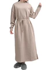 [MORE AUNI] ルームウェア ワンピース レディース 長袖 裏起毛 パジャマ 部屋着 ドロスト マキシ丈 ロング丈 暖かい カジュアル ポケット付き 伸縮性 ストレッチ 綿混 ポリエステル 着やすい 動きやすい 柔 [グレージュ / 8333] [L]