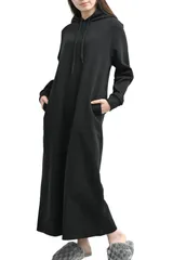 [MORE AUNI] ルームウェア ワンピース レディース 長袖 裏起毛 パジャマ 部屋着 フード付き パーカー マキシ丈 ロング丈 暖かい カジュアル ネグリジェ スリーパー 楽ちん おしゃれ 無地 スウェット ワンマ [ブラック / 8224] [LL]