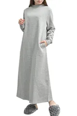 [MORE AUNI] ルームウェア ワンピース レディース 長袖 裏起毛 パジャマ 部屋着 モックネック ハイネック マキシ丈 ロング丈 暖かい カジュアル ネグリジェ スリーパー 楽ちん おしゃれ 無地 スウェット ワン [グレー / 8330] [LL]