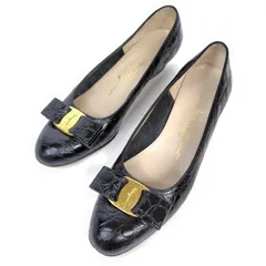 Salvatore Ferragamo 22.5cm フェラガモ パンプス 5.5C ヴァラ レザー クロコ型押し 黒 レディース靴