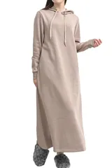 [MORE AUNI] ルームウェア ワンピース レディース 長袖 裏起毛 パジャマ 部屋着 フード付き パーカー マキシ丈 ロング丈 暖かい カジュアル ポケット付き 伸縮性 ストレッチ 綿混 ポリエステル 着やすい 動 [グレージュ / 8224] [L]