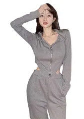 [ReiLuana] ジャージ レディース 上下 セット ジップアップ パーカー ロングパンツ 大人 カジュアル (JP, アルファベット, L, グレー) [グレー] [L]